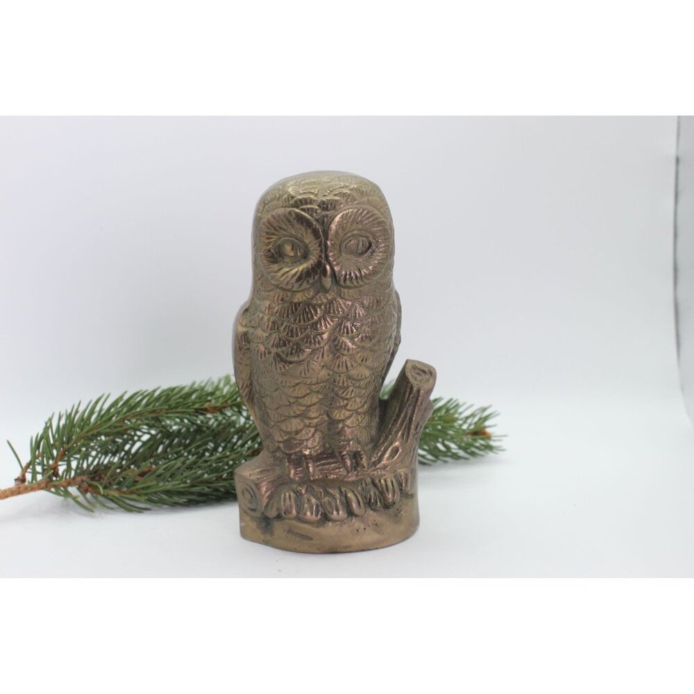 Vintage Gold Owl Figurine, Cast Metal Statue with Brass Finish, Woodland Cabin D